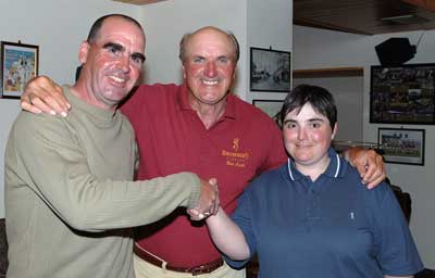 Bob Nudd (centre) congratulates Stuart Holmes and Helen Dagnall on a terrific performance